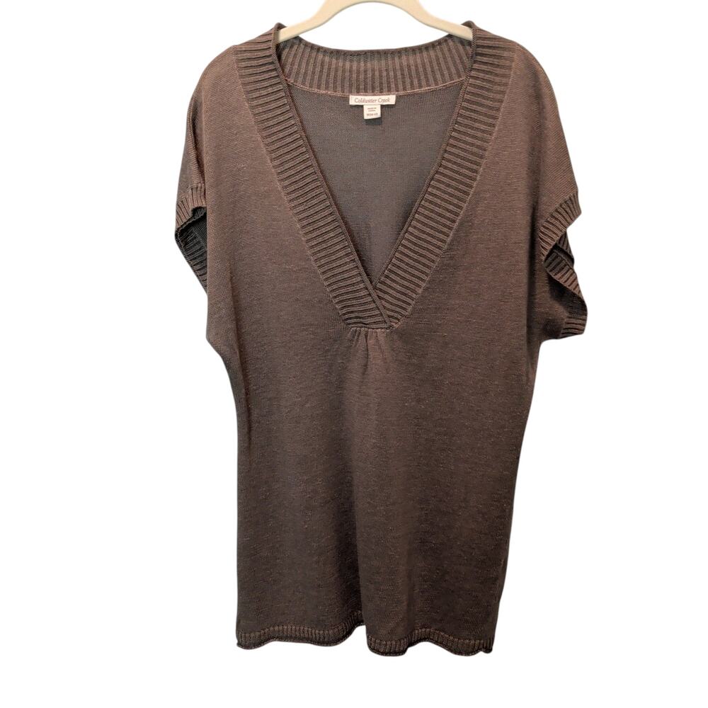 Coldwater Creek Women's Sz M Brown Linen Sleeveless Oversized V Neck Sweater